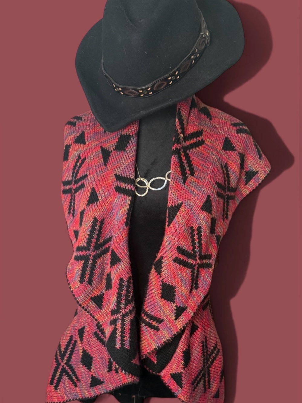 Open-Front Pink Patterned Women's Sweater Vest